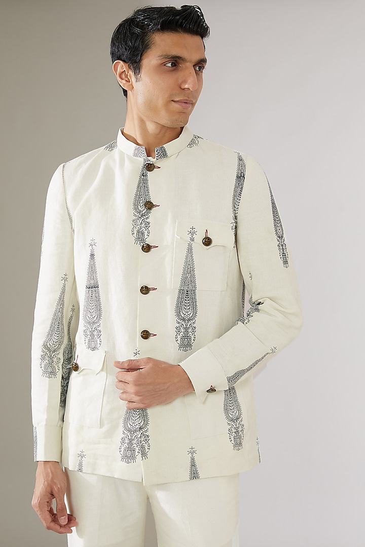White Linen Hand-Block Printed Bandhgala Jacket by Gaurav Katta