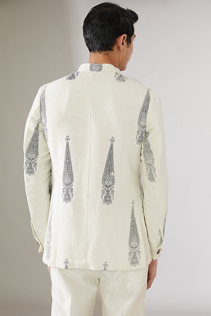 White Linen Hand-Block Printed Bandhgala Jacket by Gaurav Katta at Pernia's Pop Up Shop