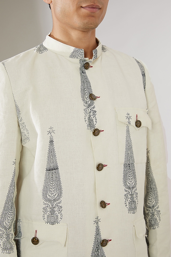White Linen Hand-Block Printed Bandhgala Jacket by Gaurav Katta at Pernia's Pop Up Shop
