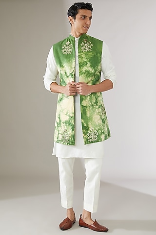 Green Linen Embroidered Indowestern Jacket by Gaurav Katta