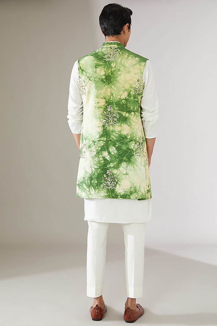 Green Linen Embroidered Indowestern Jacket by Gaurav Katta at Pernia's Pop Up Shop