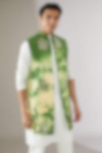 Green Linen Embroidered Indowestern Jacket by Gaurav Katta