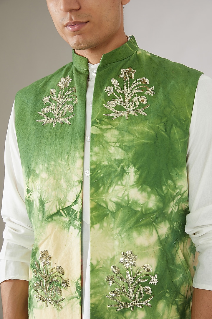 Green Linen Embroidered Indowestern Jacket by Gaurav Katta at Pernia's Pop Up Shop
