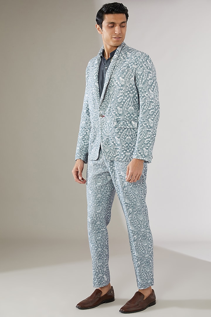 Blue Cotton Linen Printed Tuxedo Set by Gaurav Katta at Pernia's Pop Up Shop