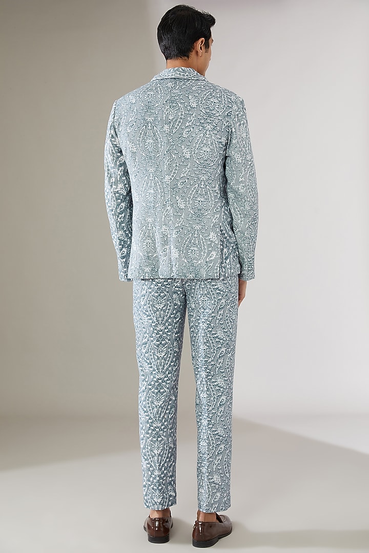 Blue Cotton Linen Printed Tuxedo Set by Gaurav Katta at Pernia's Pop Up Shop