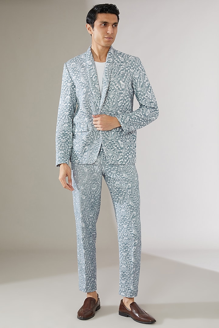 Blue Cotton Linen Printed Tuxedo Set by Gaurav Katta at Pernia's Pop Up Shop