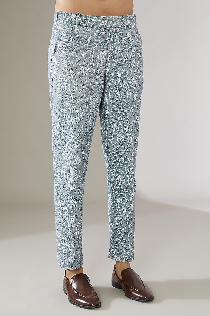 Blue Cotton Linen Printed Tuxedo Set by Gaurav Katta at Pernia's Pop Up Shop