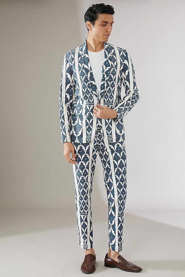 Grey Cotton Linen Printed Tuxedo Set by Gaurav Katta at Pernia's Pop Up Shop