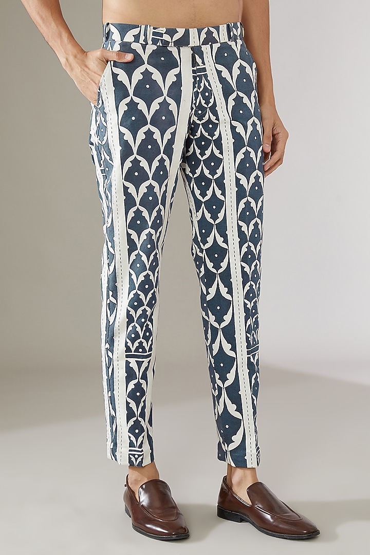 Grey Cotton Linen Printed Tuxedo Set by Gaurav Katta at Pernia's Pop Up Shop