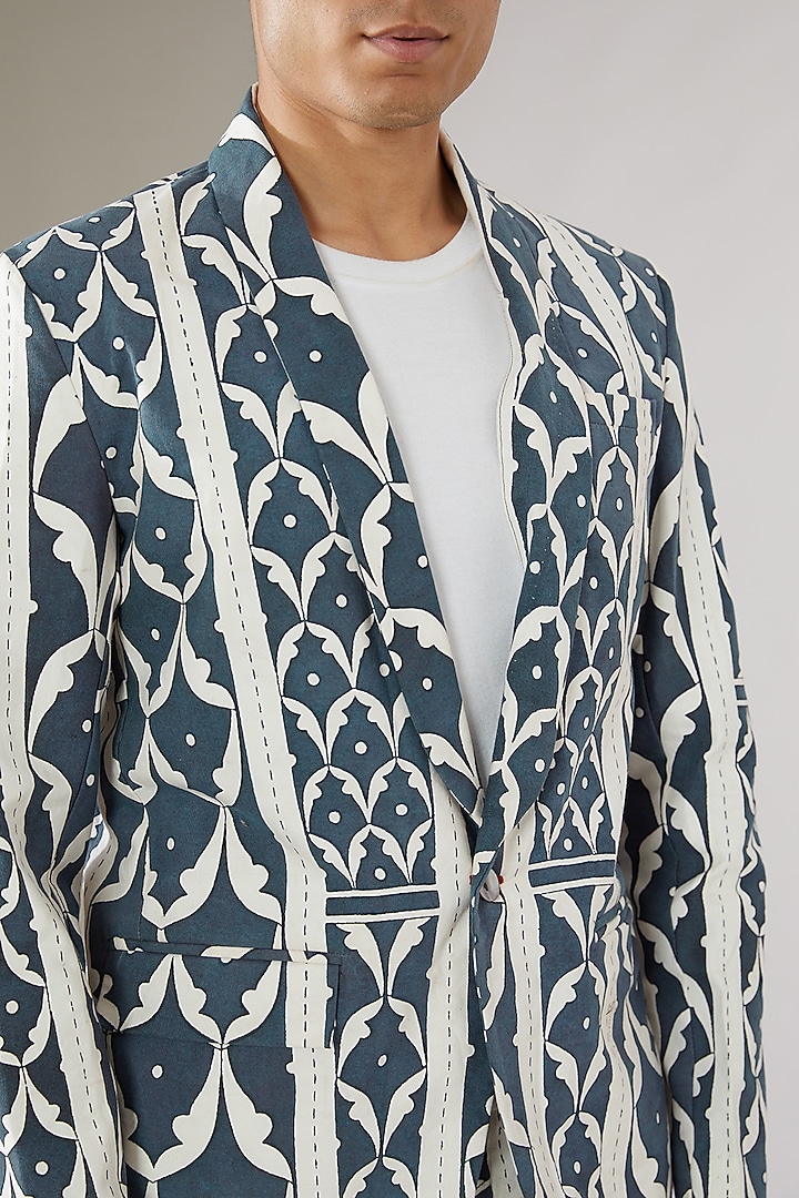 Grey Cotton Linen Printed Tuxedo Set by Gaurav Katta at Pernia's Pop Up Shop