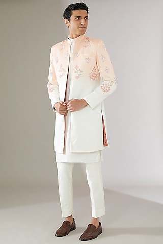 Peach & Off-White Italian Cotton Ombre Indowestern Set by Gaurav Katta