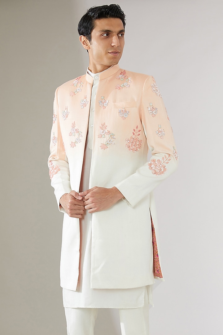 Peach & Off-White Italian Cotton Ombre Wedding Indowestern Set by Gaurav Katta at Pernia's Pop Up Shop