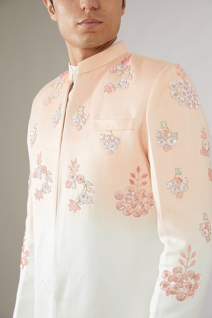 Peach & Off-White Italian Cotton Ombre Wedding Indowestern Set by Gaurav Katta at Pernia's Pop Up Shop
