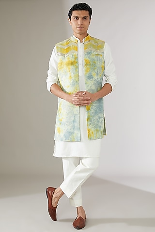Blue Linen Tie-Dye Indowestern Jacket by Gaurav Katta