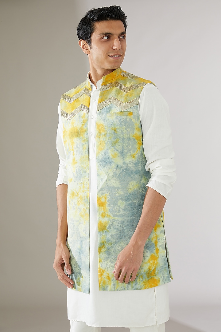Blue Linen Tie-Dye Indowestern Jacket by Gaurav Katta