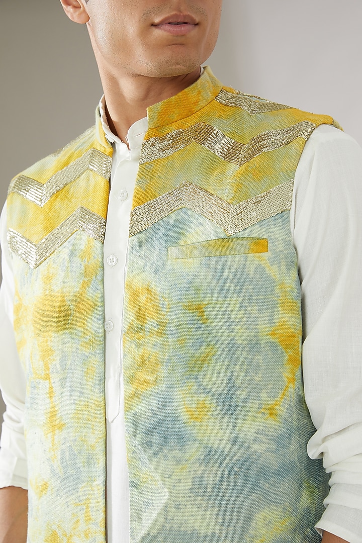 Blue Linen Tie-Dye Indowestern Jacket by Gaurav Katta at Pernia's Pop Up Shop