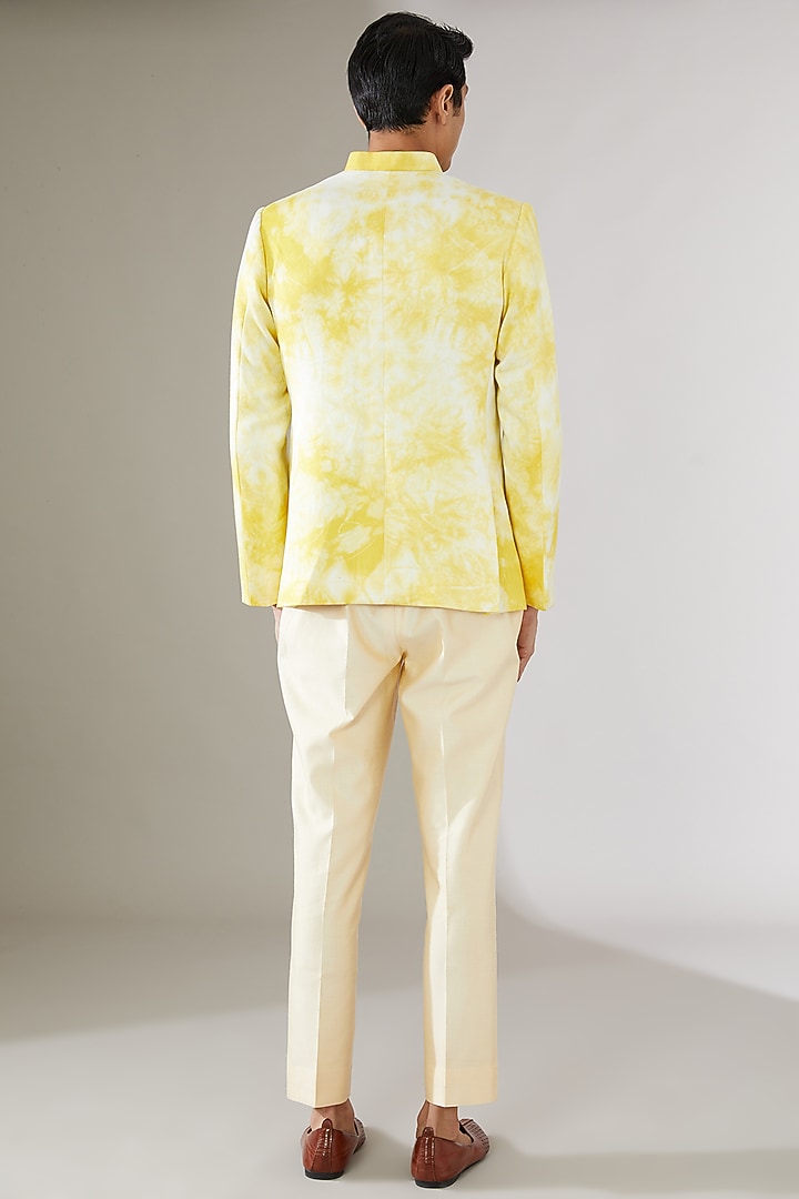 Yellow Italian Cotton Tie-Dye Wedding Indowestern Jacket by Gaurav Katta at Pernia's Pop Up Shop