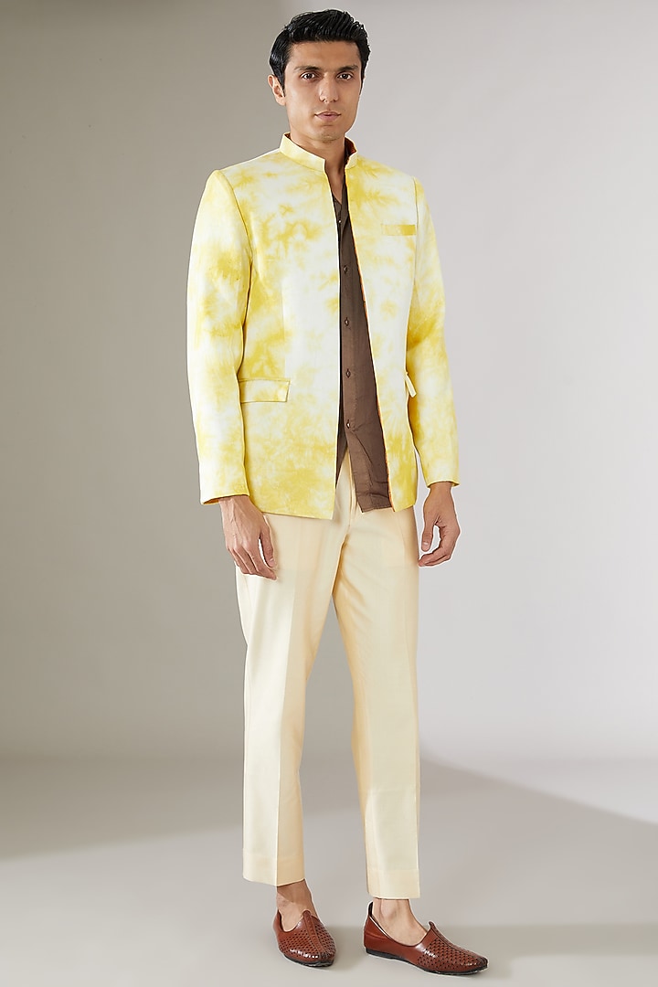 Yellow Italian Cotton Tie-Dye Wedding Indowestern Jacket by Gaurav Katta at Pernia's Pop Up Shop