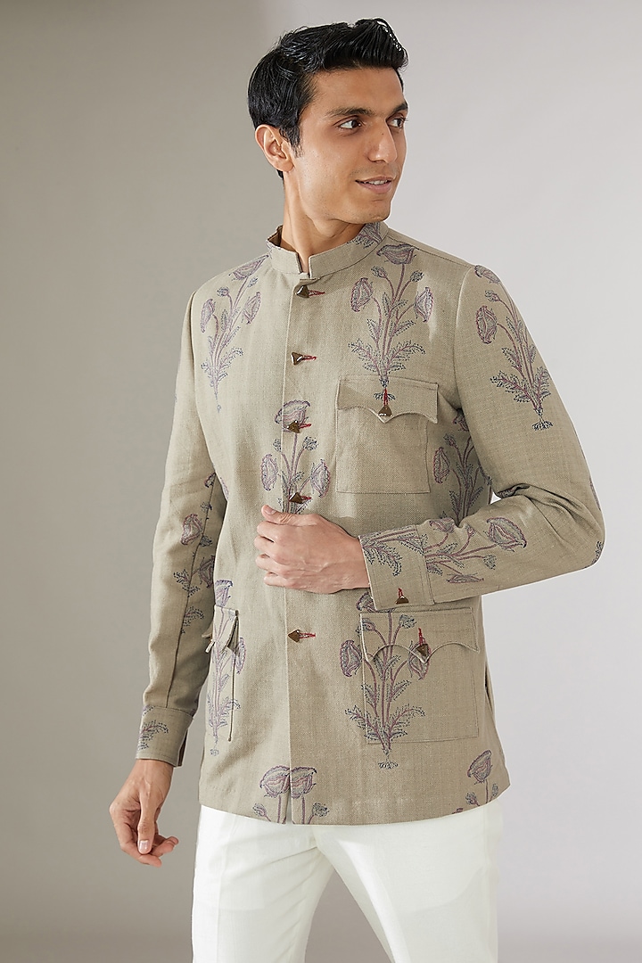 Safari Green Linen Hand-Block Printed Bandhgala Jacket by Gaurav Katta