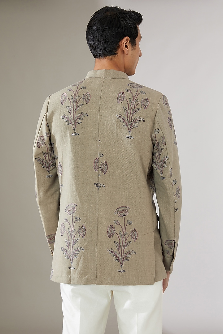 Safari Green Linen Hand-Block Printed Bandhgala Jacket by Gaurav Katta at Pernia's Pop Up Shop