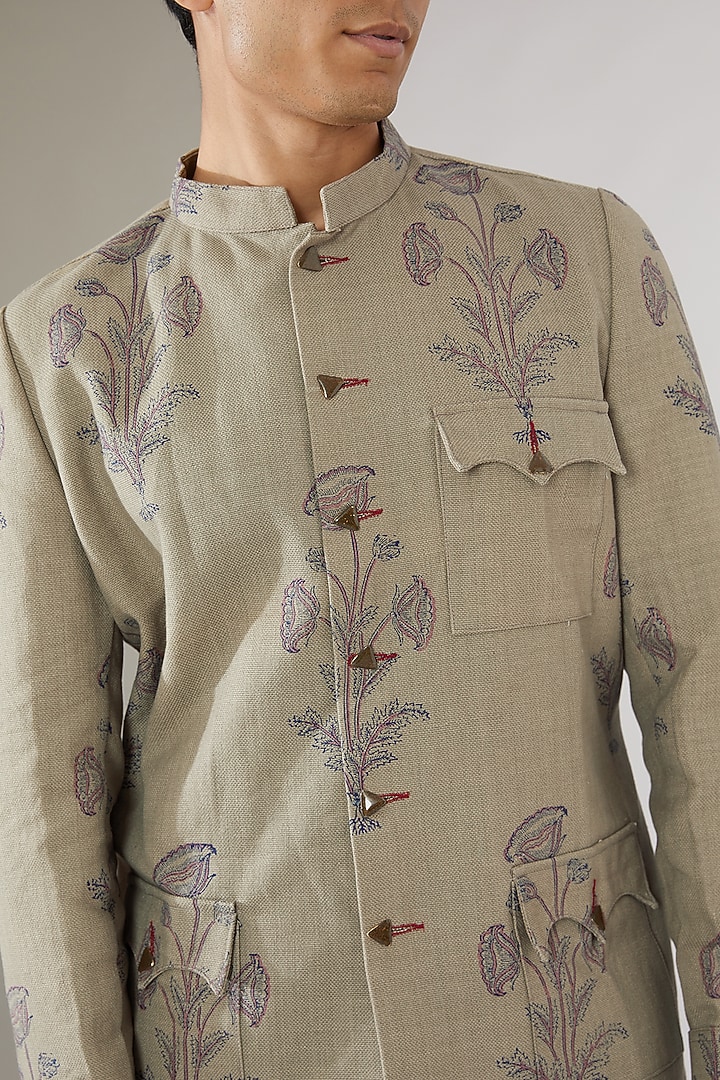 Safari Green Linen Hand-Block Printed Bandhgala Jacket by Gaurav Katta at Pernia's Pop Up Shop