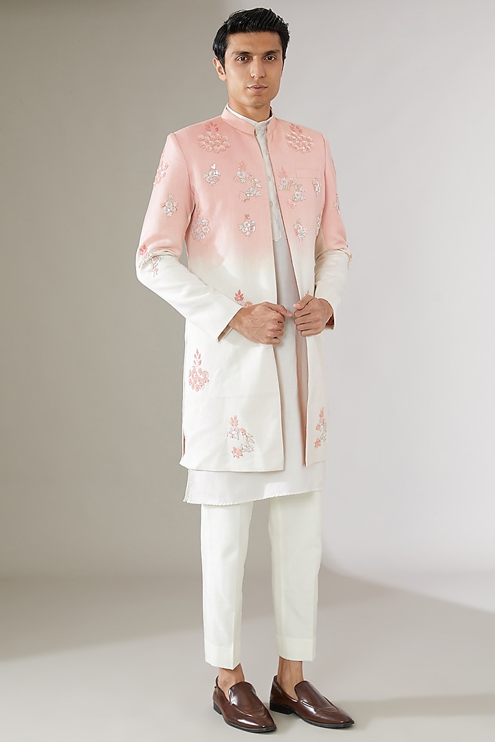 Pink & Off-White Italian Cotton Ombre Indowestern Set by Gaurav Katta