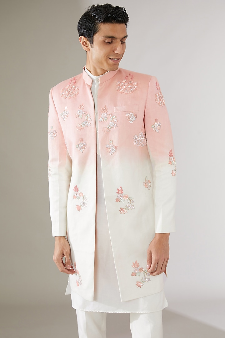 Pink & Off-White Italian Cotton Ombre Wedding Indowestern Set by Gaurav Katta at Pernia's Pop Up Shop
