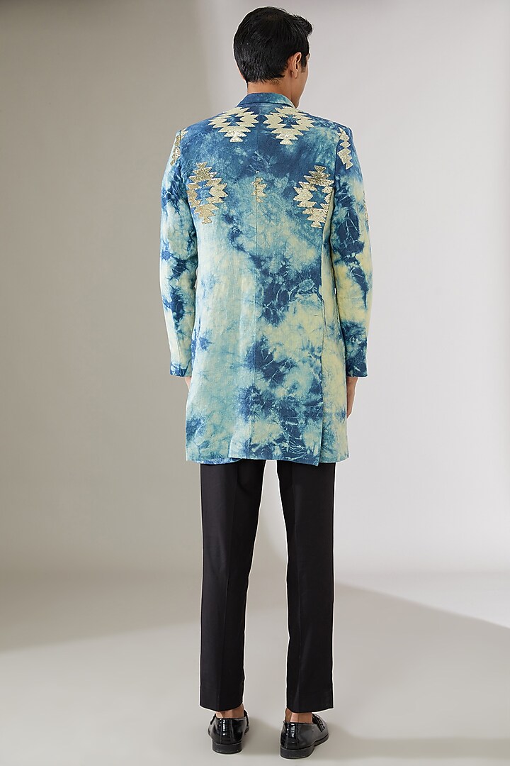 Blue Italian Cotton Tie-Dye Wedding Indowestern Jacket by Gaurav Katta at Pernia's Pop Up Shop