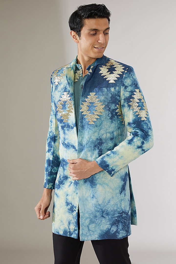 Blue Italian Cotton Tie-Dye Wedding Indowestern Jacket by Gaurav Katta at Pernia's Pop Up Shop