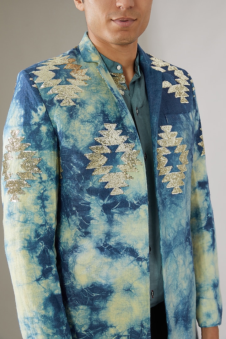 Blue Italian Cotton Tie-Dye Wedding Indowestern Jacket by Gaurav Katta at Pernia's Pop Up Shop