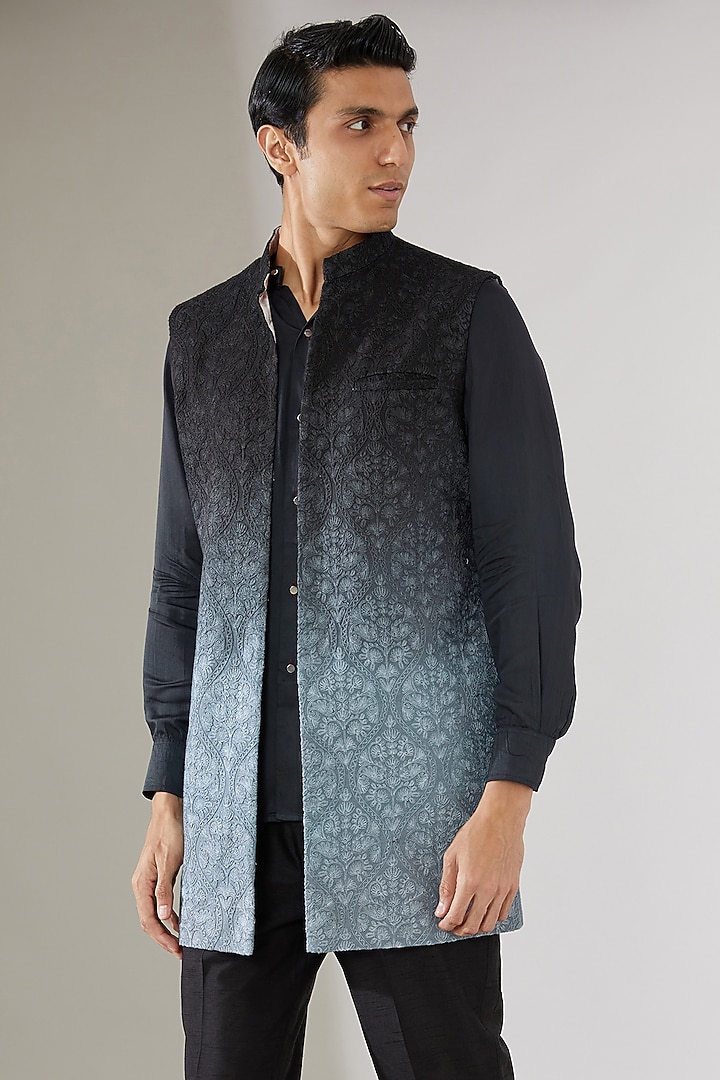 Black Silk Ombre Wedding Indowestern Jacket by Gaurav Katta at Pernia's Pop Up Shop