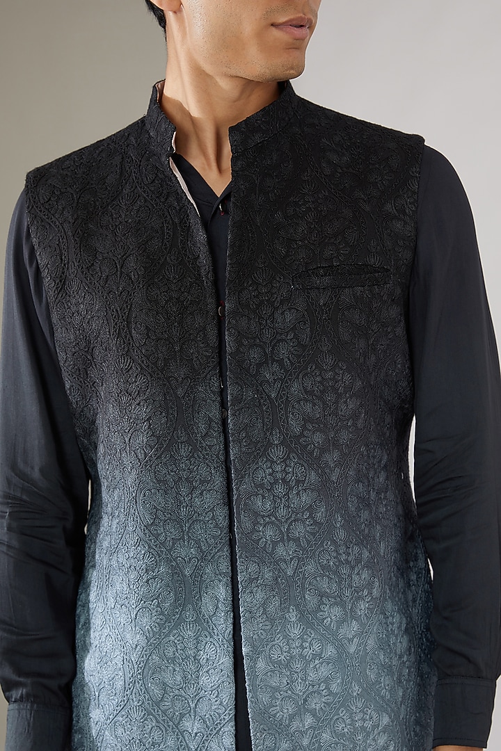 Black Silk Ombre Wedding Indowestern Jacket by Gaurav Katta at Pernia's Pop Up Shop