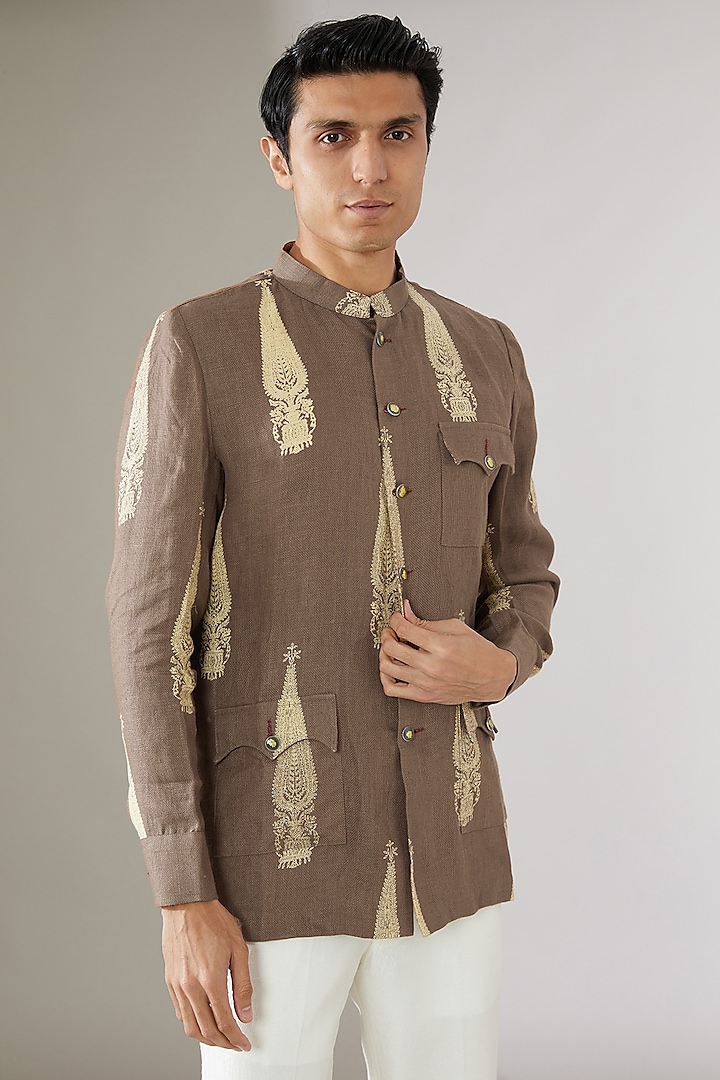 Beige Linen Hand-Block Printed Bandhgala Jacket by Gaurav Katta