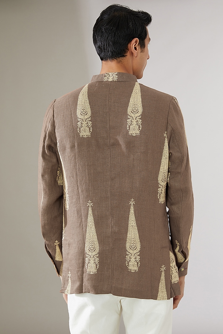 Beige Linen Hand-Block Printed Bandhgala Jacket by Gaurav Katta at Pernia's Pop Up Shop