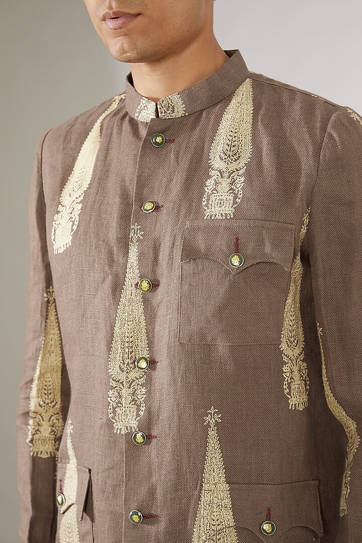 Beige Linen Hand-Block Printed Bandhgala Jacket by Gaurav Katta at Pernia's Pop Up Shop