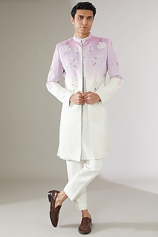 Lilac & White Italian Cotton Ombre Indowestern Jacket by Gaurav Katta