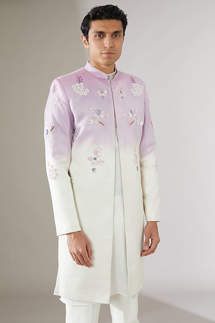 Lilac & White Italian Cotton Ombre Wedding Indowestern Jacket by Gaurav Katta at Pernia's Pop Up Shop