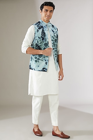 Blue Linen Tie-Dye Indowestern Jacket by Gaurav Katta