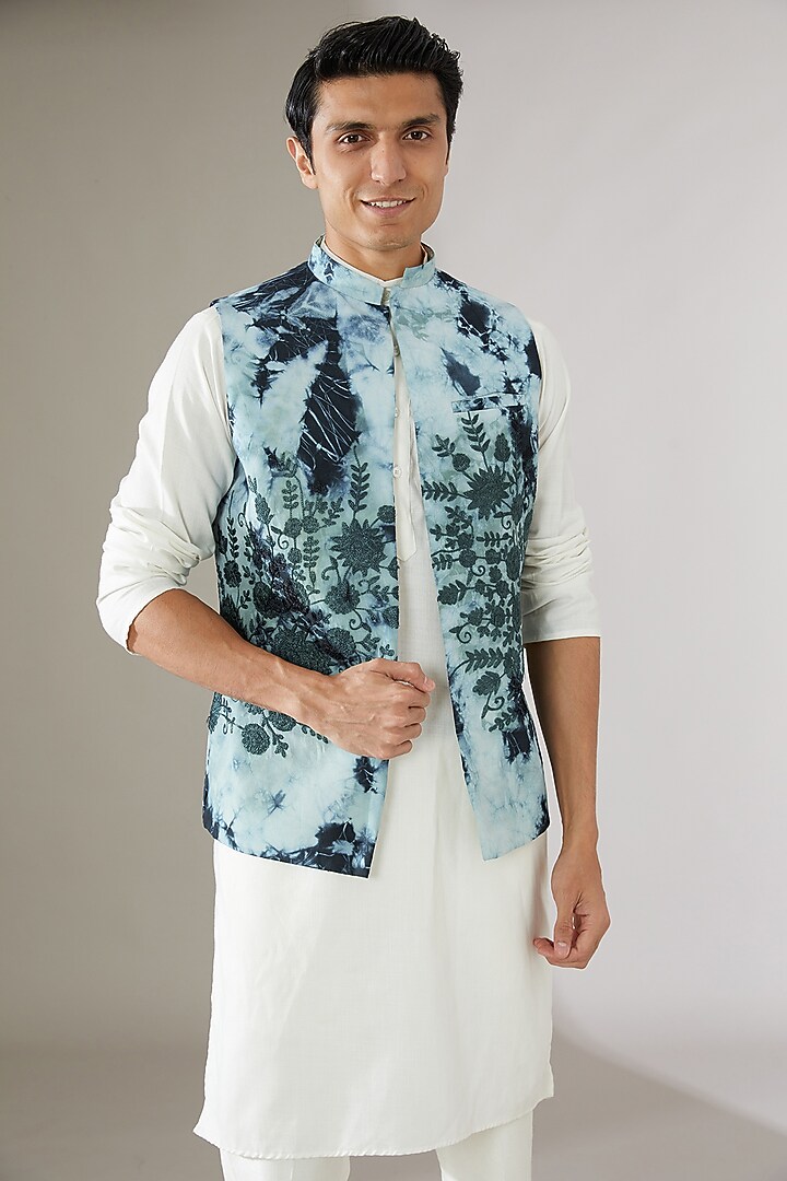 Blue Linen Tie-Dye Indowestern Jacket by Gaurav Katta at Pernia's Pop Up Shop