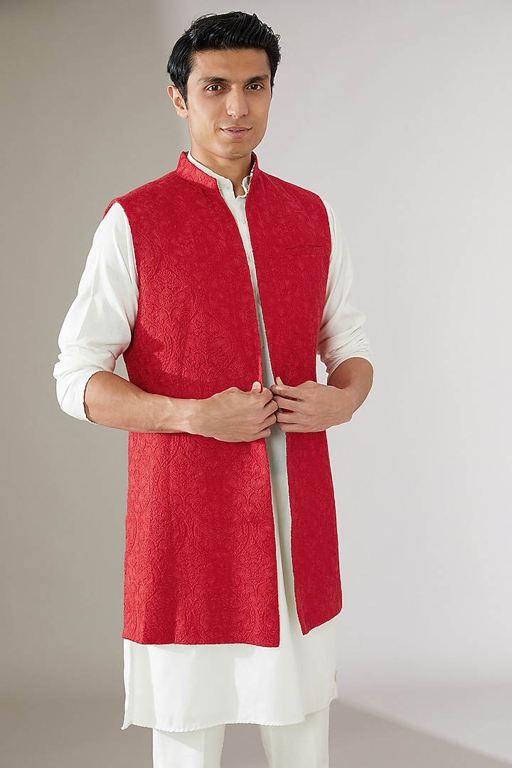 Red Silk Embroidered Indowestern Jacket by Gaurav Katta