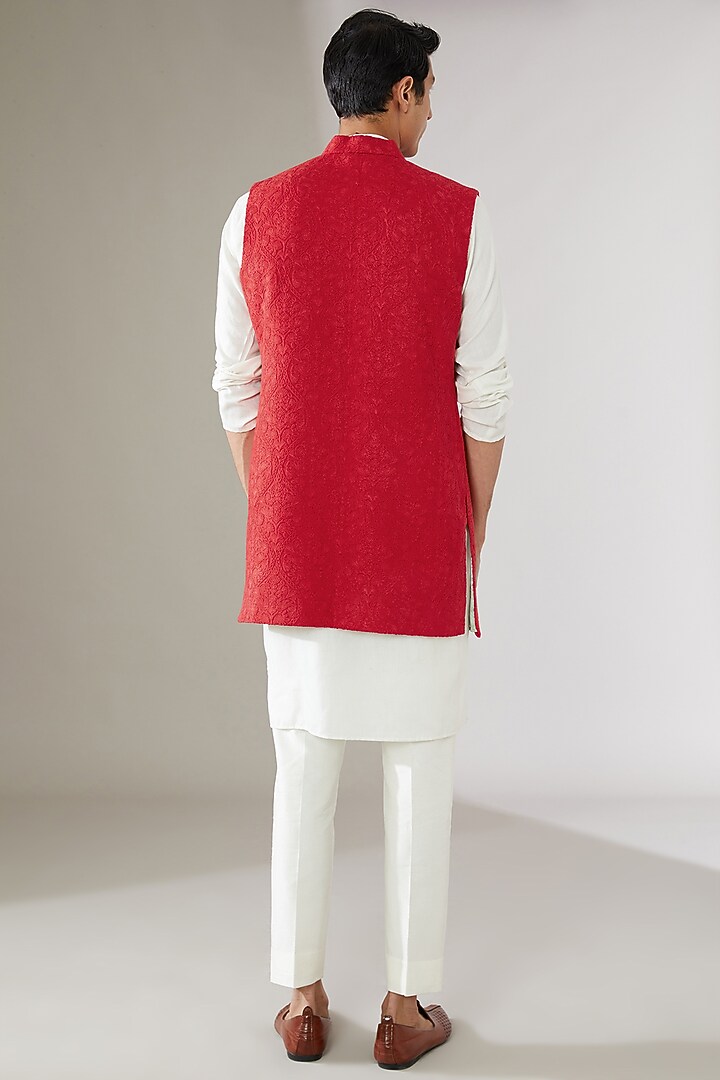 Red Silk Embroidered Wedding Indowestern Jacket by Gaurav Katta at Pernia's Pop Up Shop