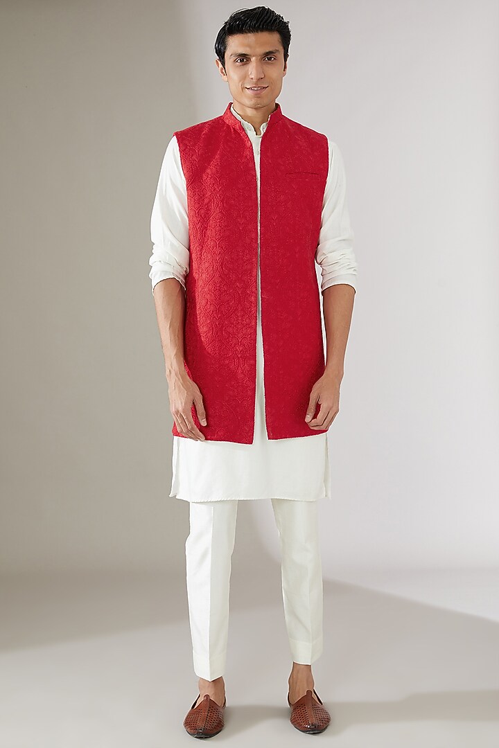 Red Silk Embroidered Wedding Indowestern Jacket by Gaurav Katta at Pernia's Pop Up Shop