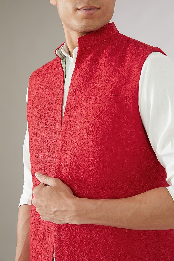 Red Silk Embroidered Wedding Indowestern Jacket by Gaurav Katta at Pernia's Pop Up Shop