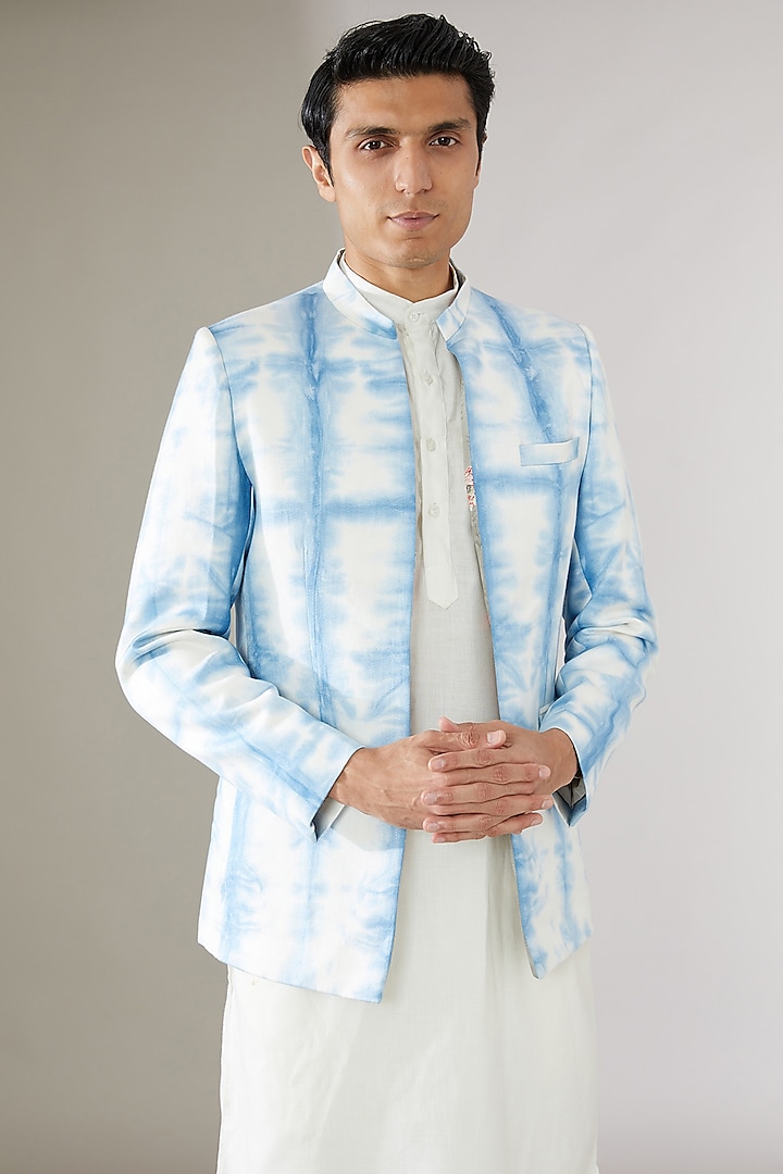 Blue Italian Cotton Tie-Dye Indowestern Jacket by Gaurav Katta