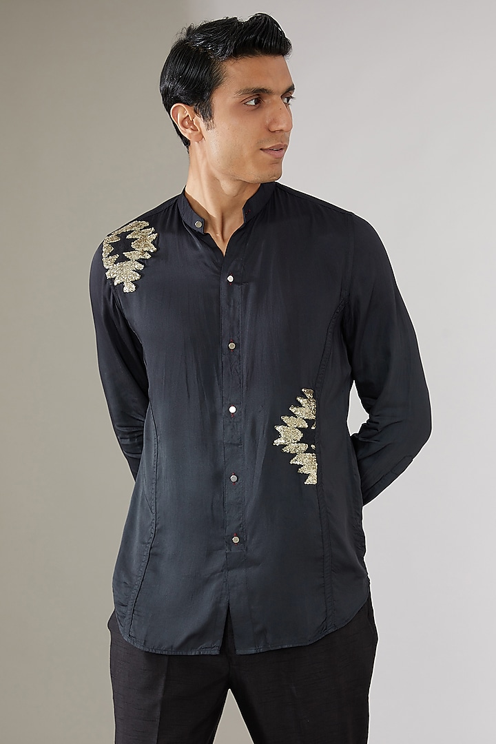 Black Modal Silk Shirt by Gaurav Katta
