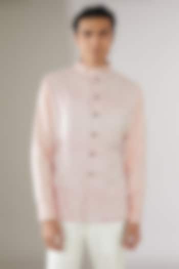 Pink Linen Hand-Block Printed Bandhgala Jacket by Gaurav Katta