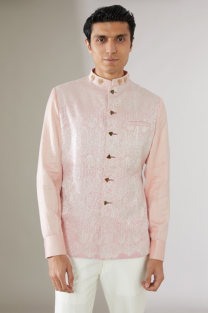 Pink Linen Hand-Block Printed Bandhgala Jacket by Gaurav Katta