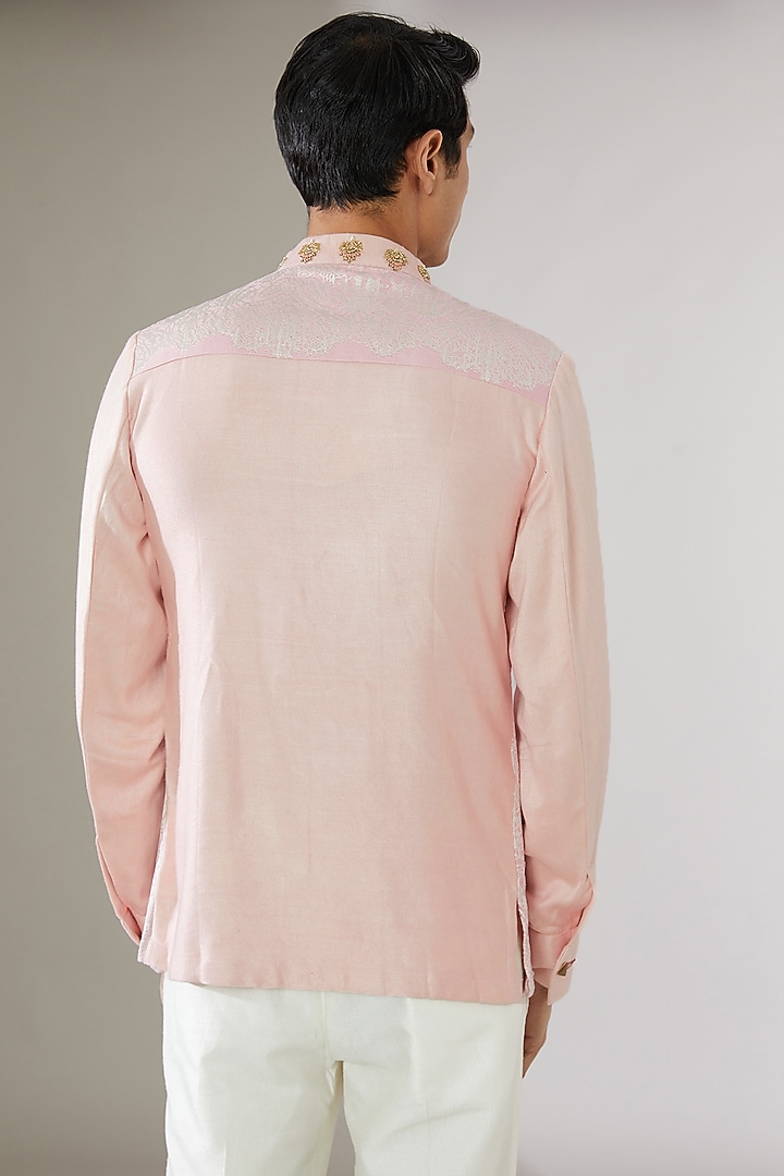 Pink Linen Hand-Block Printed Bandhgala Jacket by Gaurav Katta at Pernia's Pop Up Shop
