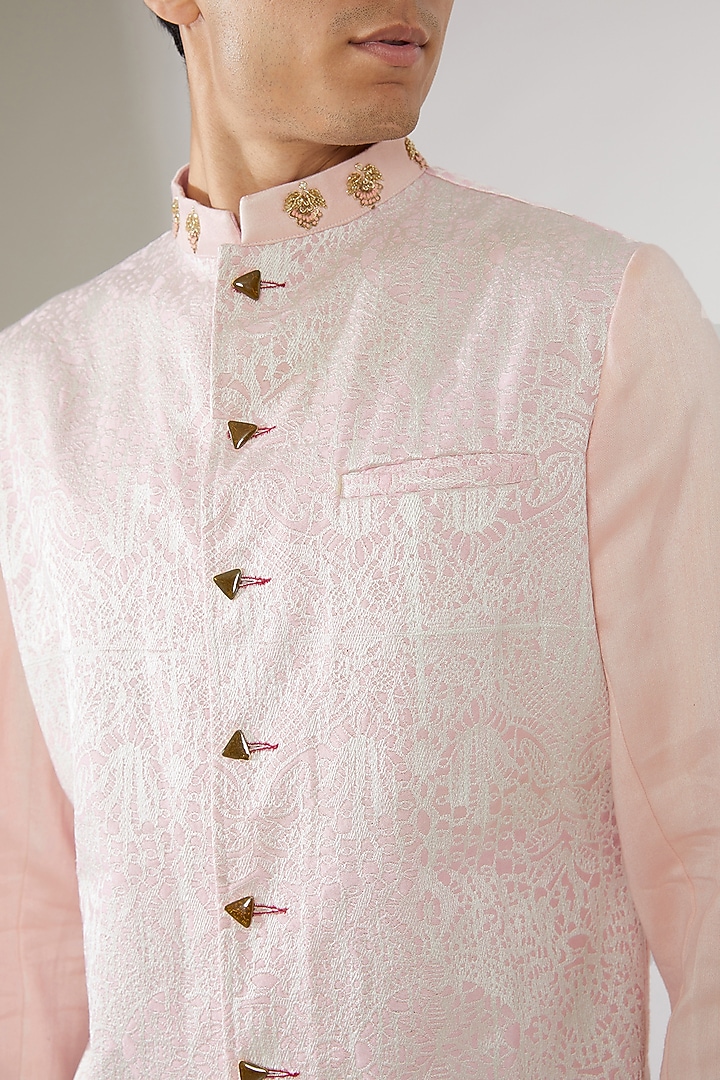 Pink Linen Hand-Block Printed Bandhgala Jacket by Gaurav Katta at Pernia's Pop Up Shop