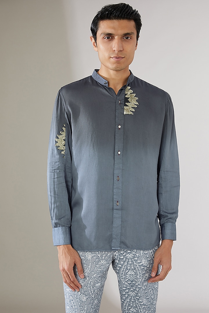 Blue Modal Silk Ombre Shirt by Gaurav Katta